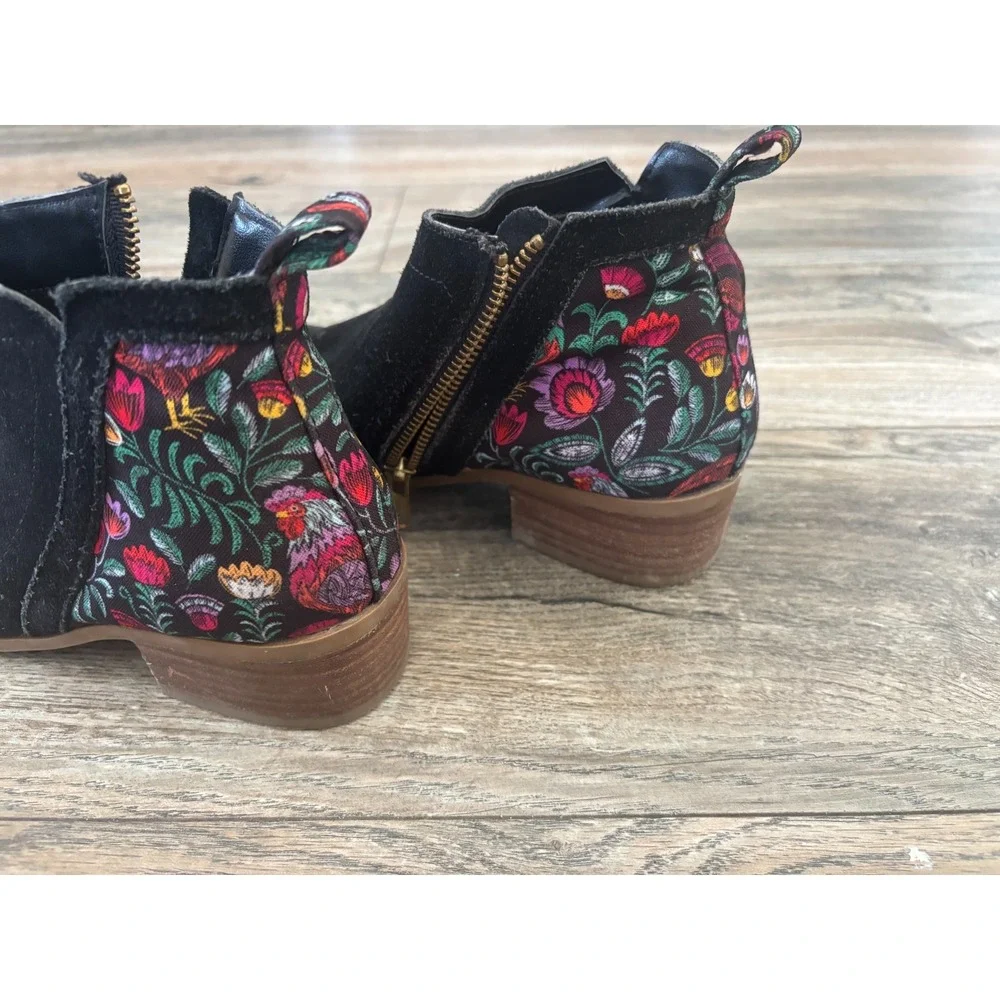 Inkkas Rooster Bootie 8 Black Suede Floral Embroidery Boho Festival Cottagecore